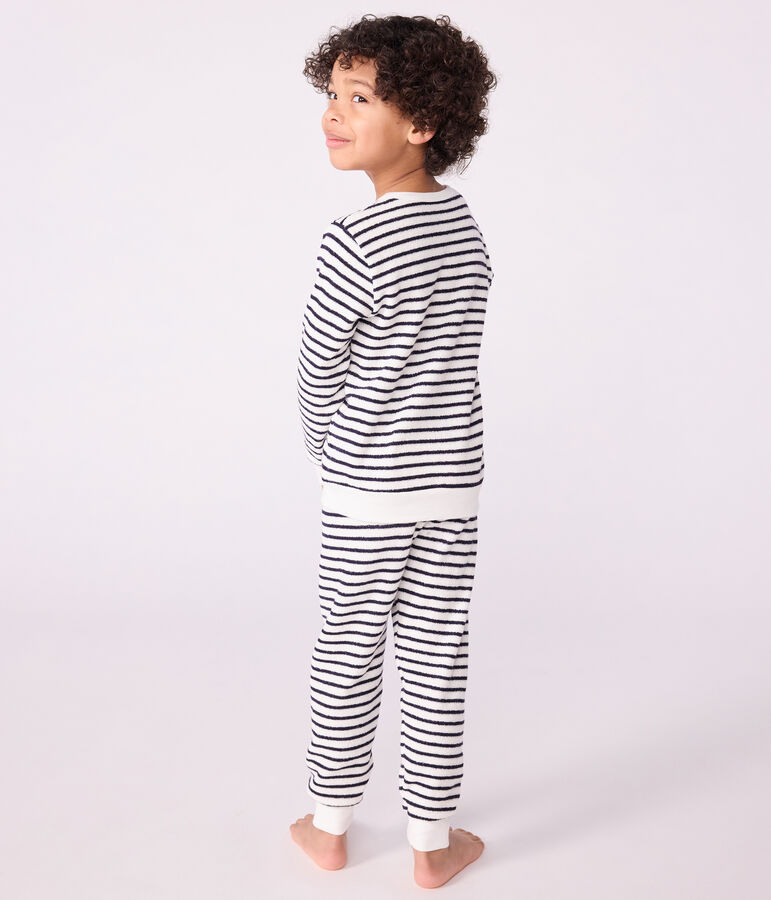 Pijama infantil de rizo de algod&oacute;n a rayas crudo/azul