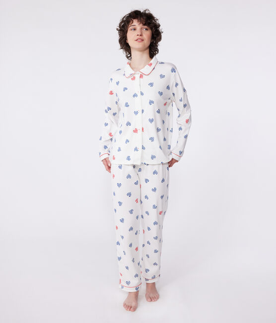 Pijama de mujer de algodón abotonado con estampado de corazones blanco MARSHMALLOW/blanco MULTICO