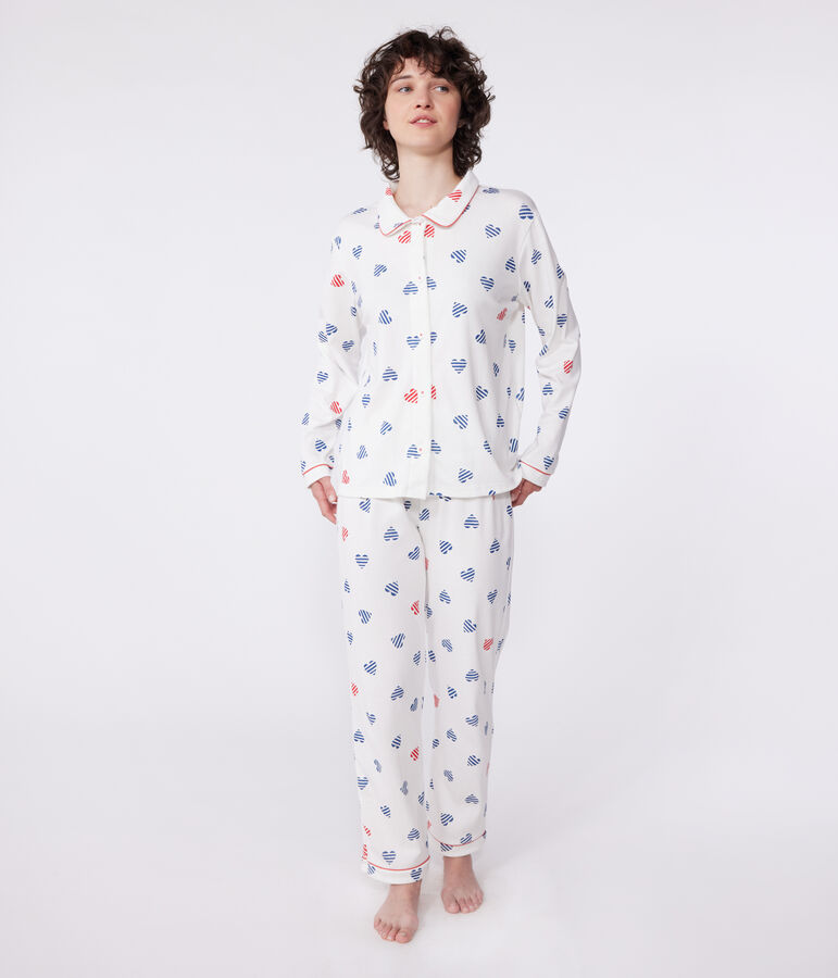 Pijama de mujer de algod&oacute;n abotonado con estampado de corazones blanco/multicolor