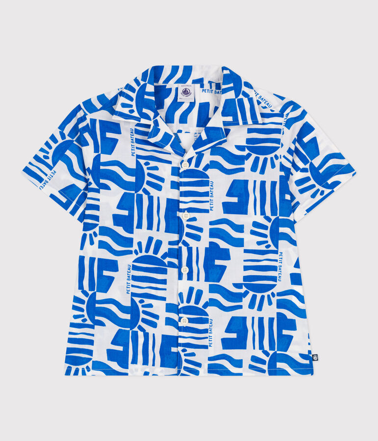 Camisa infantil de algod&oacute;n de manga corta con estampado blanco/azul
