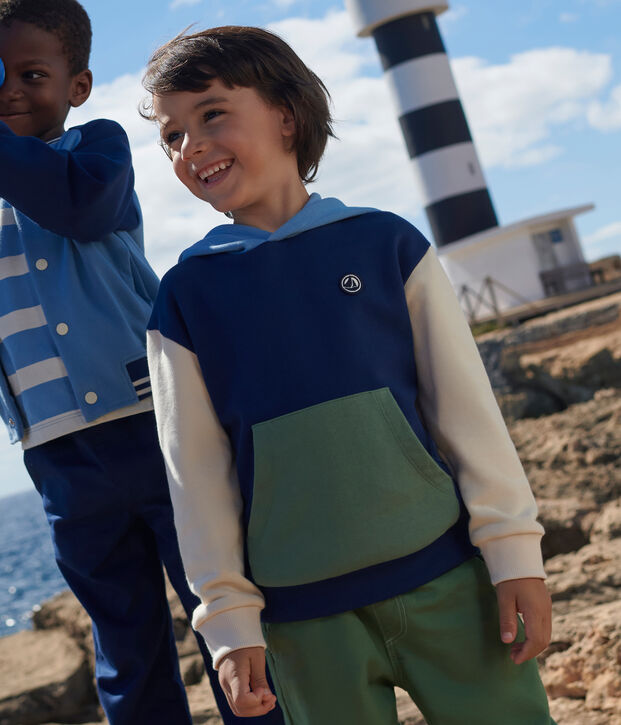 Sudadera infantil de algod&oacute;n liso con capucha azul/multicolor