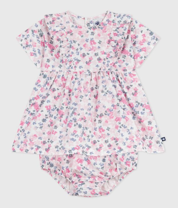 Vestido estampado de algod&oacute;n de manga corta y pololo para beb&eacute; blanco/multicolor