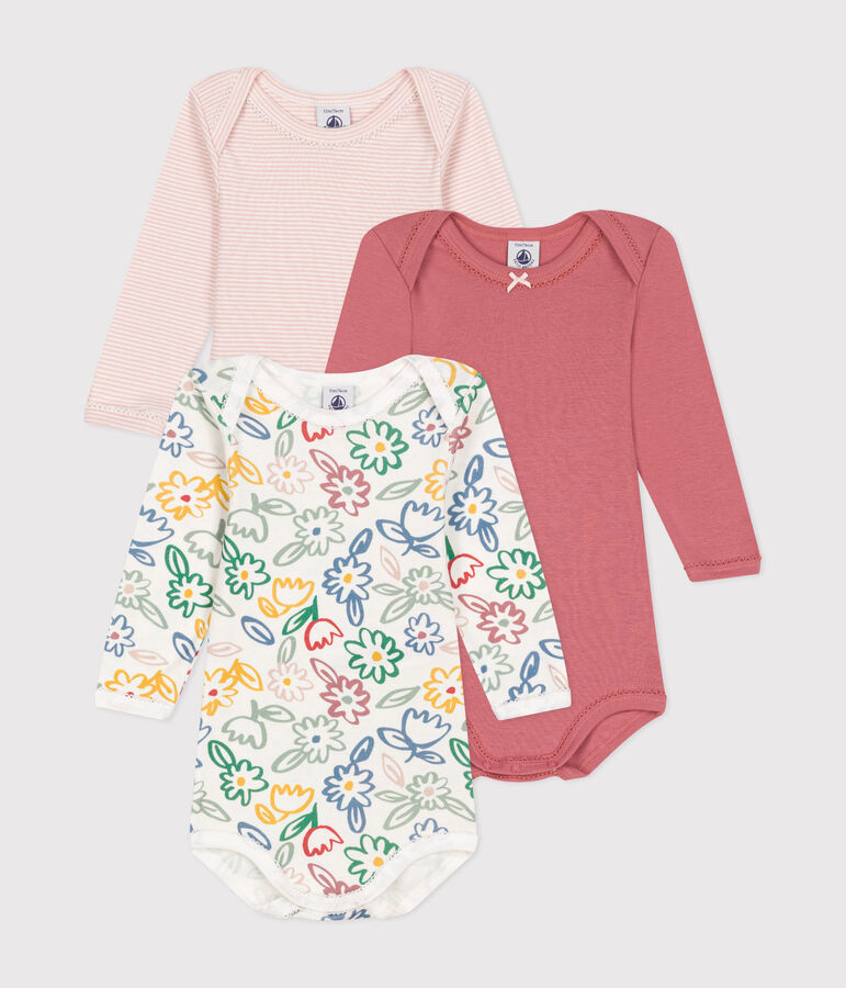 Juego de 3 bodis de algod&oacute;n de manga larga con flores para beb&eacute; multicolor