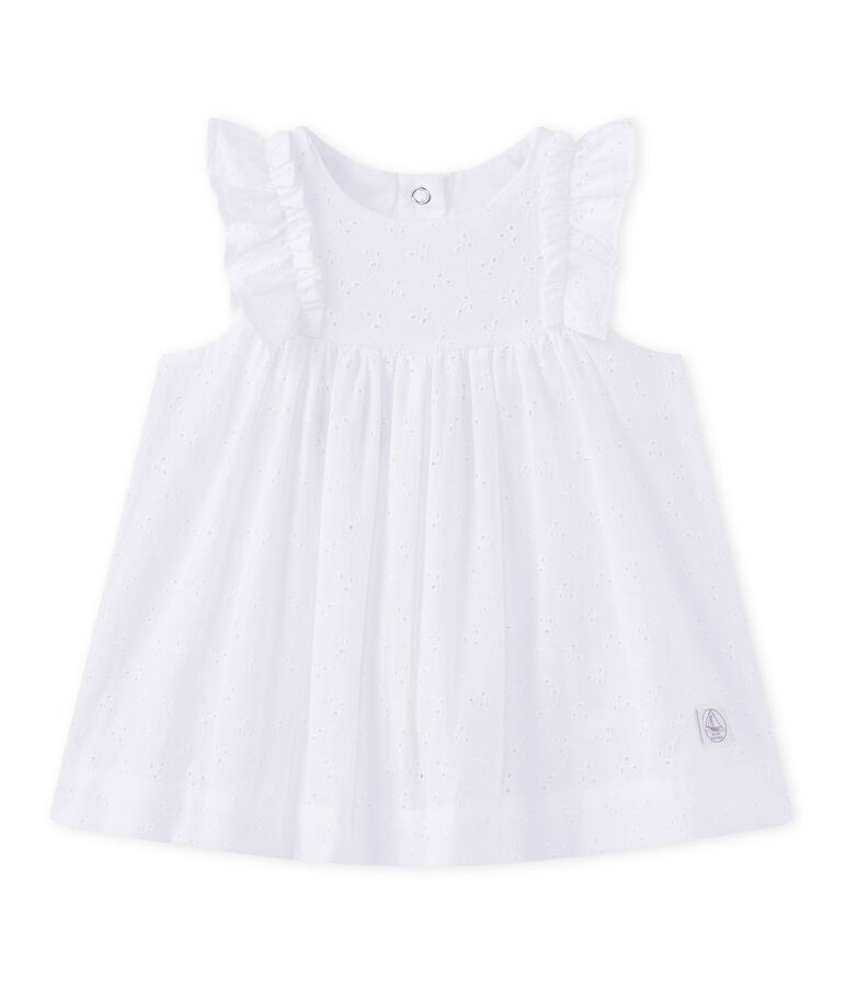 Vestido para beb&eacute; ni&ntilde;a con bordado ingl&eacute;s blanco