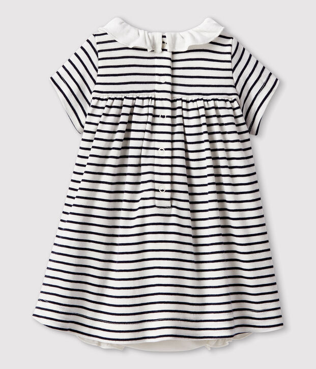 Vestido-bodi de manga corta de canal&eacute; para beb&eacute; ni&ntilde;a blanco/azul