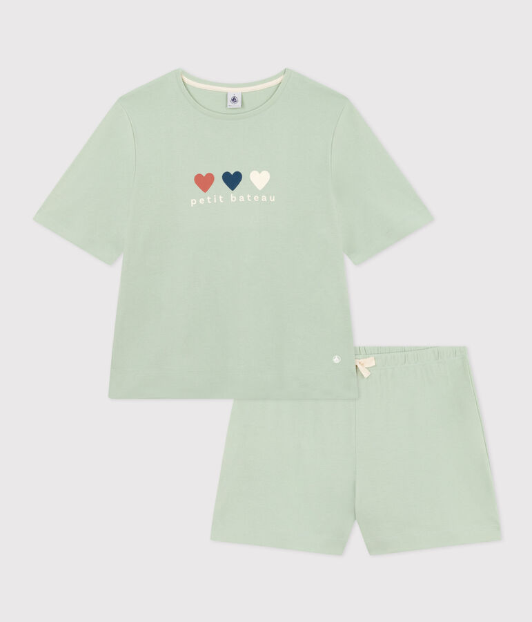 Pijama con pantal&oacute;n corto y camiseta de algod&oacute;n liso para mujer verde