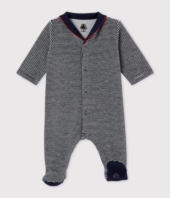 Pijama de terciopelo con la milrayas para bebé niño azul SMOKING/blanco MULTICO