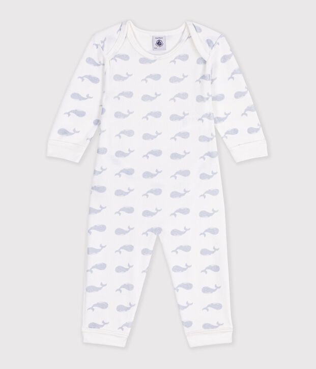 Pijama de terciopelo con estampado de ballena y abertura sin botones de presi&oacute;n para beb&eacute; blanco/azul