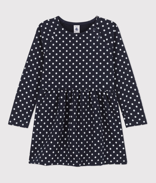 Vestido con lunares de mulet&oacute;n de manga larga de ni&ntilde;a azul/crudo