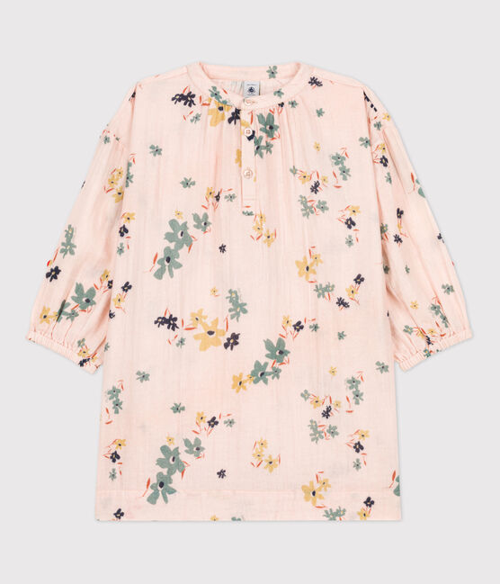 Vestido de manga larga de gasa de algodón de niña rosa SALINE/blanco MULTICO