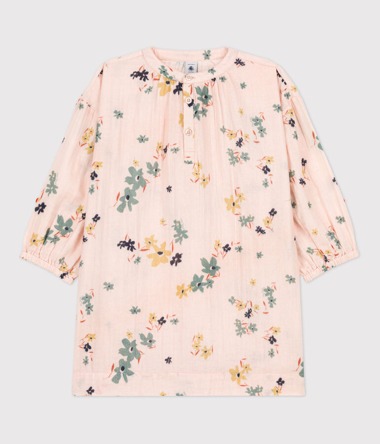 Vestido de manga larga de gasa de algod&oacute;n de ni&ntilde;a rosa SALINE/blanco MULTICO