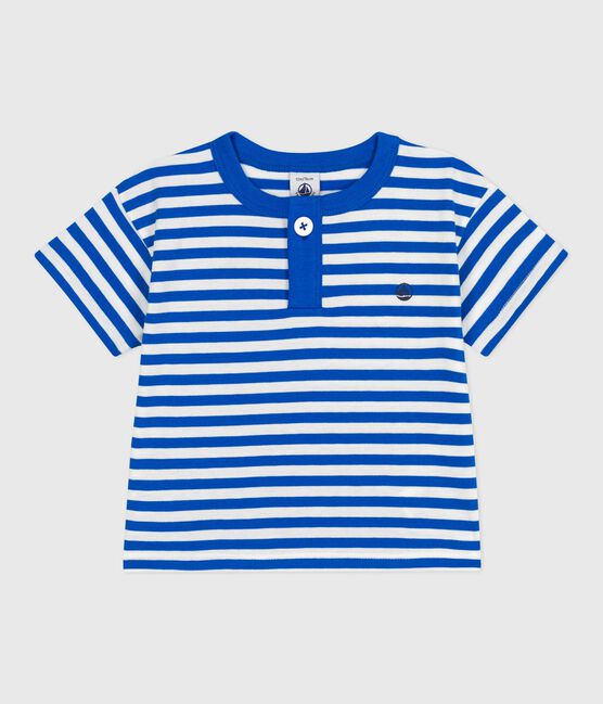 Camiseta de manga corta de algodón a rayas para bebé azul PORCELANA/ MARSHMALLOW