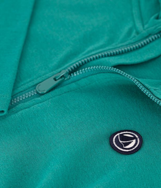 Sudadera infantil de algod&oacute;n con capucha y cremallera verde