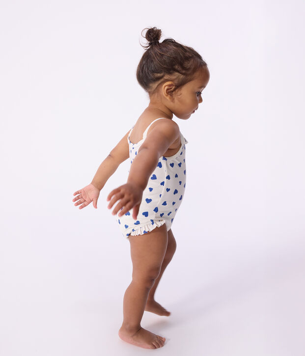Ba&ntilde;ador con volantes y estampado de corazones para beb&eacute; blanco/azul