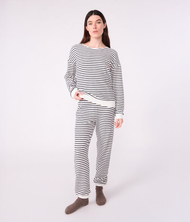 Pijama de rizo de algod&oacute;n a rayas para mujer azul/azul