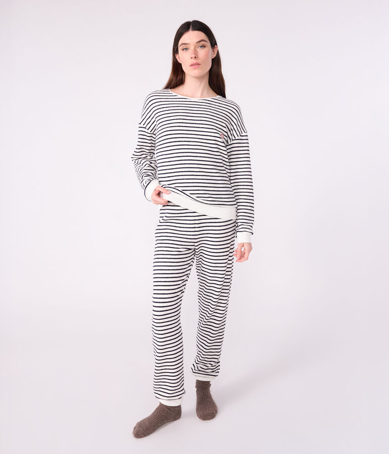 Pijama de rizo de algod&oacute;n a rayas para mujer crudo/azul