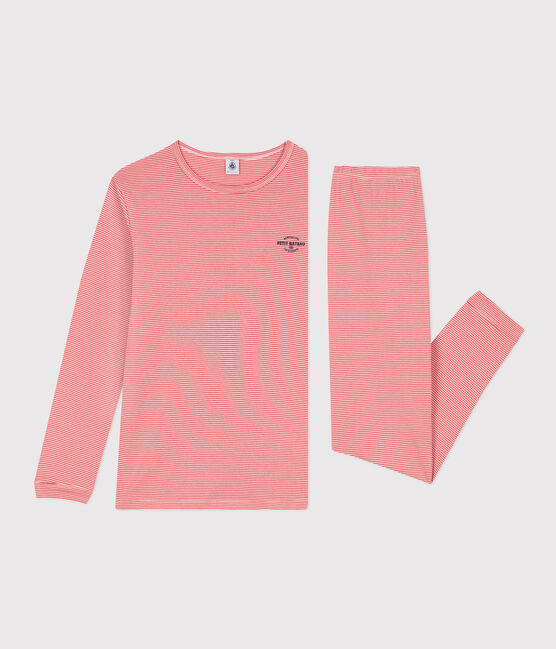 Pijama de algodón a rayas para niño naranja OURSIN/blanco MARSHMALLOW