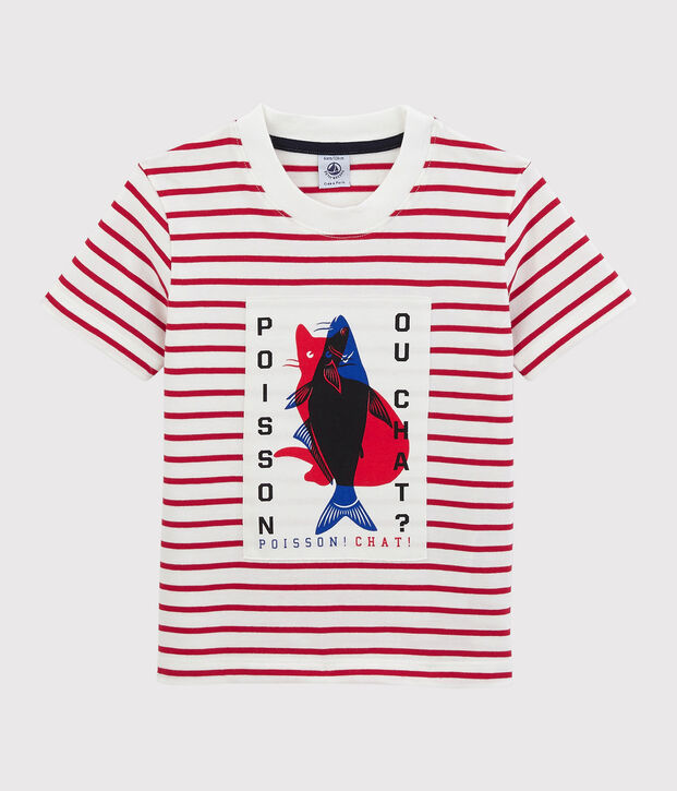 Camiseta de manga corta de punto de ni&ntilde;o blanco/rojo