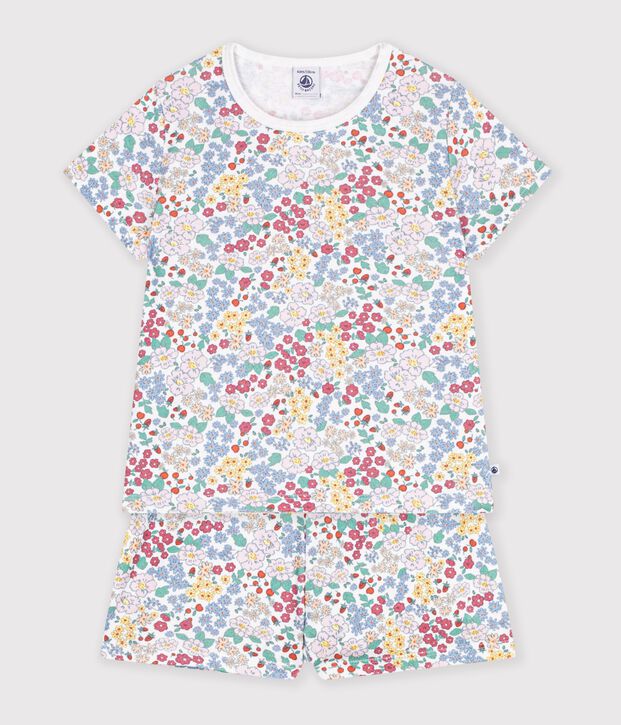 Pijama corto infantil de algod&oacute;n con flores blanco/multicolor