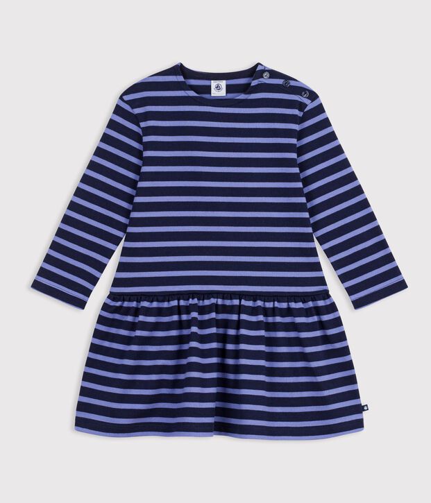Vestido infantil de algod&oacute;n de manga larga a rayas azul/violeta