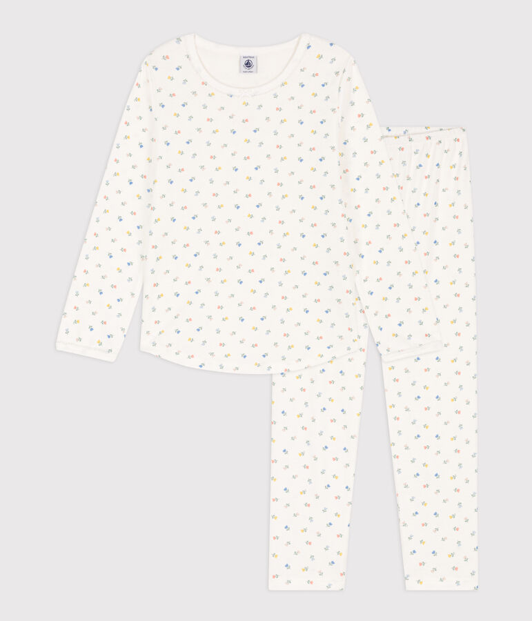 Pijama de algod&oacute;n con flores para ni&ntilde;a blanco MARSHMALLOW/blanco MULTICO