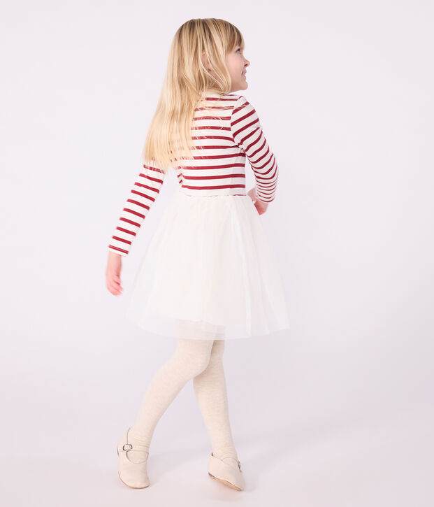 Vestido infantil de manga larga de algod&oacute;n y tul rojo/rojo