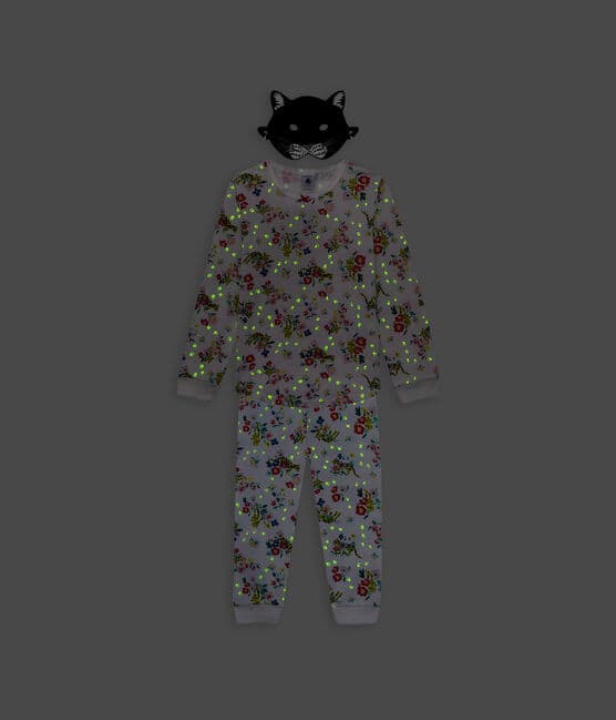 Pijama disfraz fluorescente de algodón estampado con antifaz de pantera para niño/a blanco MARSHMALLOW/blanco MULTICO