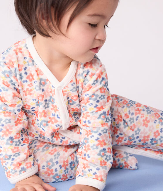 Pijama de terciopelo con estampado de flores para bebé blanco MARSHMALLOW/blanco MULTICO