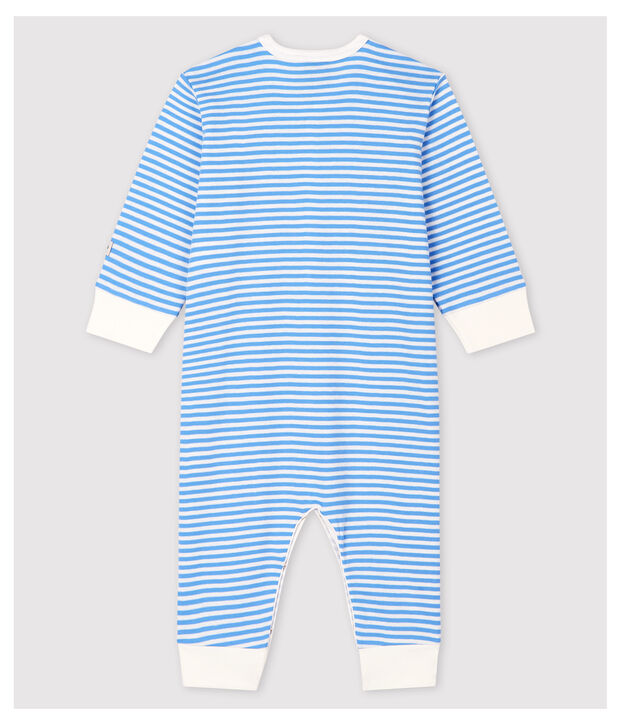 Pijama enterizo sin pies de rayas azules de algod&oacute;n de beb&eacute; azul/blanco