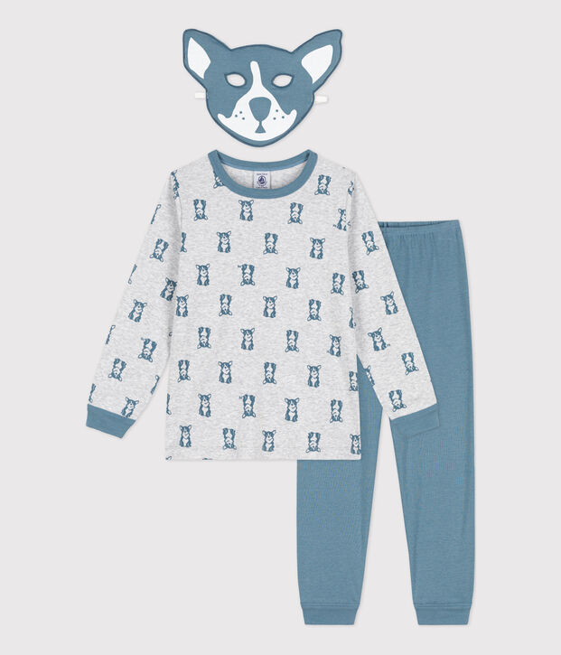Pijama de algod&oacute;n con motivo de perro y m&aacute;scara para ni&ntilde;o/ni&ntilde;a gris/azul