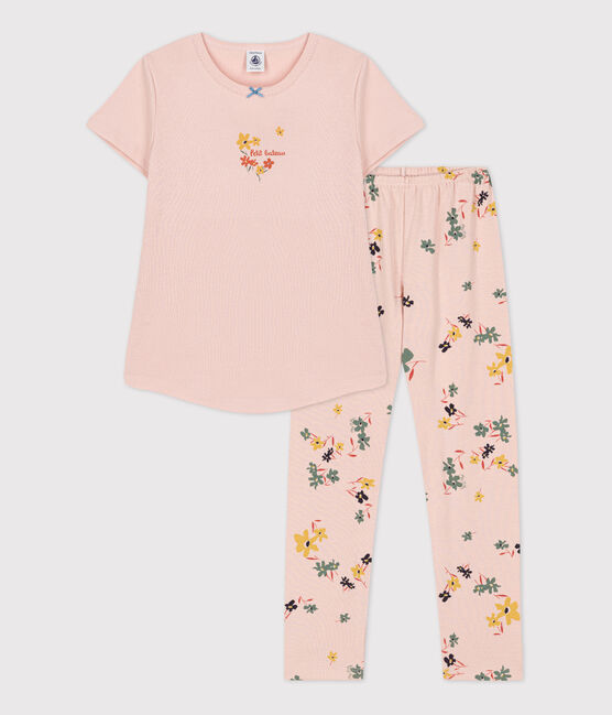 Pijama de manga corta de algodón con flores para niña rosa SALINE/blanco MULTICO