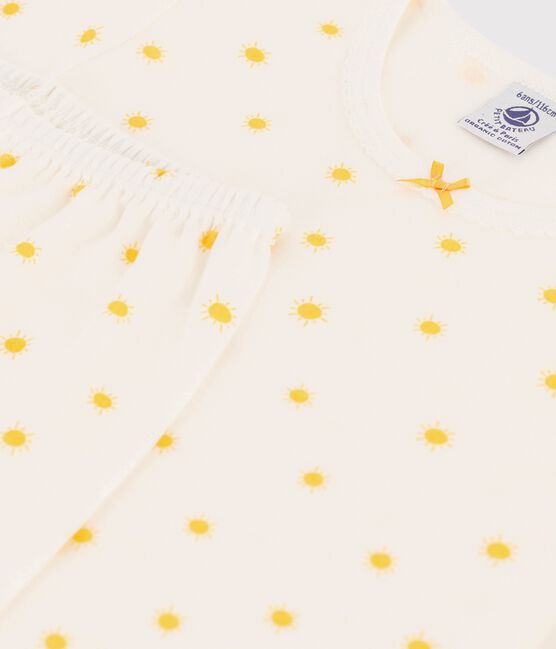 Pijama de manga corta con soles de algodón orgánico de niña blanco MARSHMALLOW/ ORGE