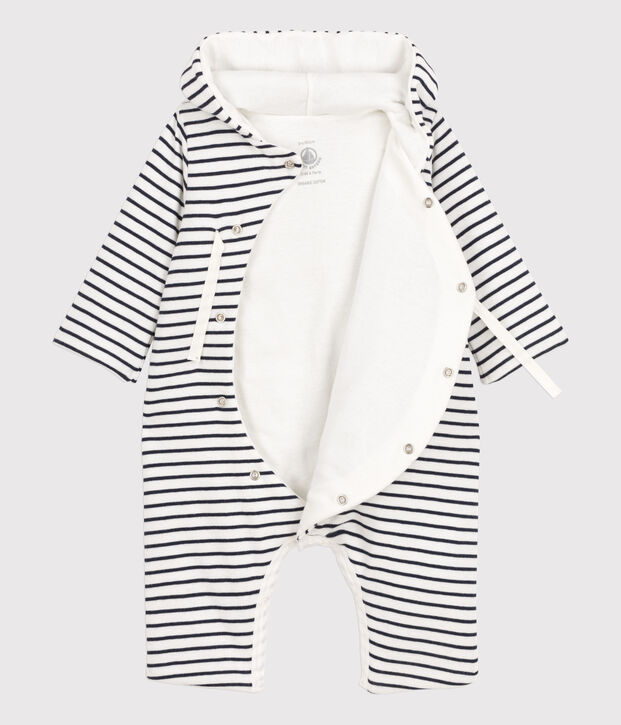 Mono largo de algod&oacute;n con capucha y rayas marineras para beb&eacute; blanco/azul