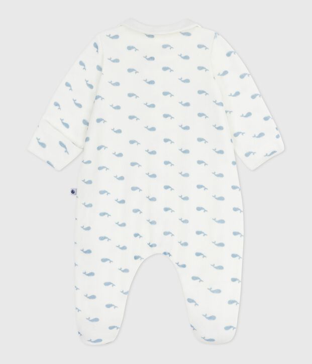 Pijama infantil de terciopelo con cuello estampado de ballenas blanco/azul