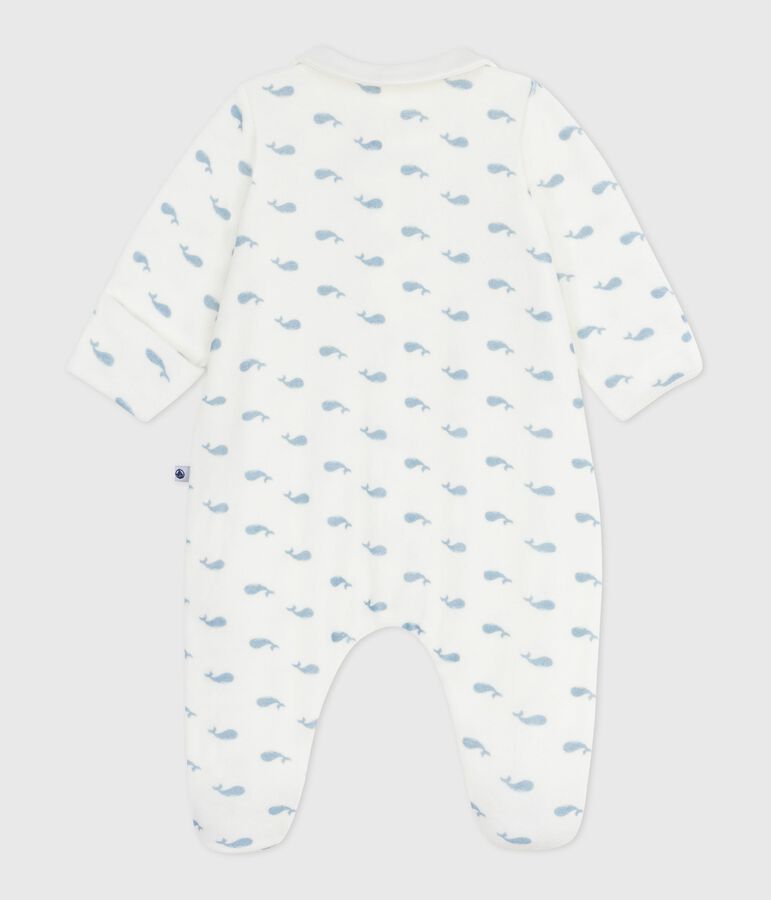 Pijama infantil de terciopelo con cuello estampado de ballenas blanco/azul