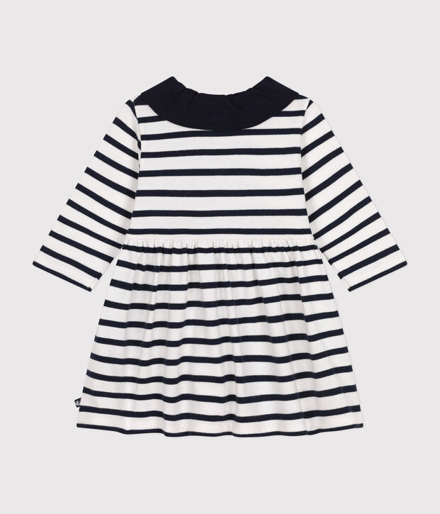 Vestido de manga larga de punto jersey grueso de beb&eacute; blanco/azul