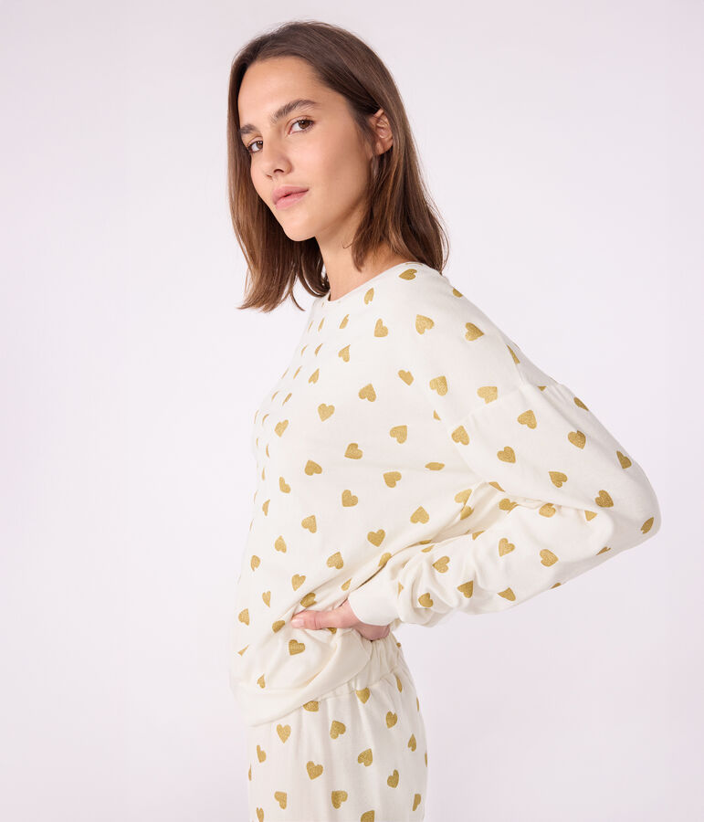 Pijama de algod&oacute;n con estampado de corazones dorados para mujer crudo/amarillo