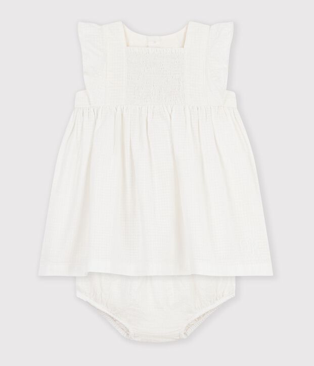 Vestido liso de algod&oacute;n de manga corta para beb&eacute; blanco