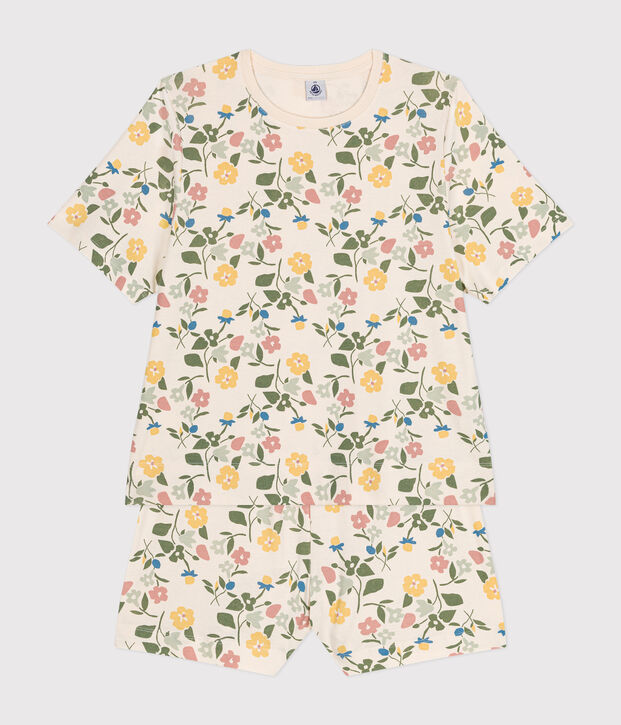 Pijama con pantal&oacute;n corto y camiseta de algod&oacute;n con motivo floral para mujer crudo/multicolor