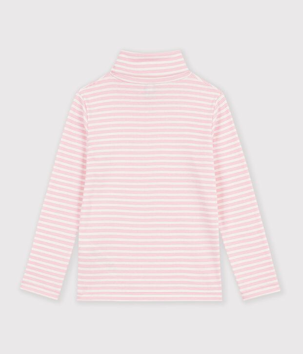 Camiseta infantil de cuello alto de algod&oacute;n a rayas rosa/rosa