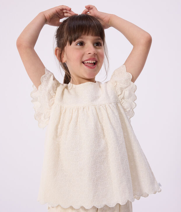 Blusa infantil de manga corta de algod&oacute;n con estampado de corazones blanco