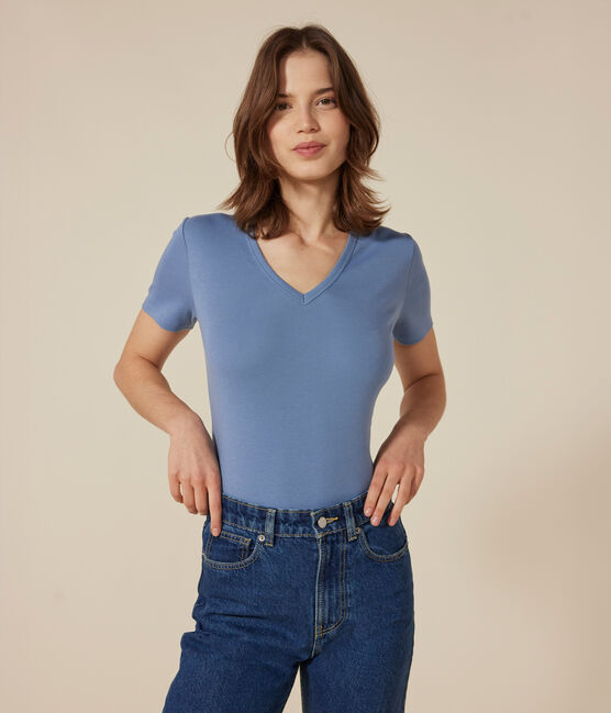 Camiseta La Icónica lisa de algodón con cuello de pico para mujer azul BEACH