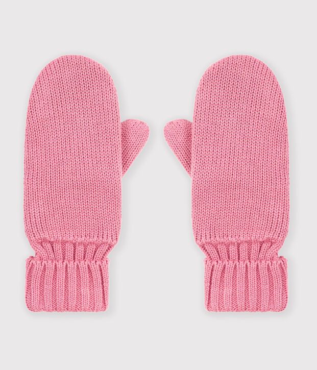 Manoplas infantiles lisas de punto tricotado con forro polar rosa
