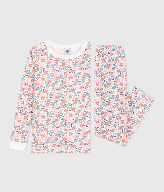 Pijama infantil de algodón con pierna muy ajustada y estampado de flores blanco MARSHMALLOW/blanco MULTICO