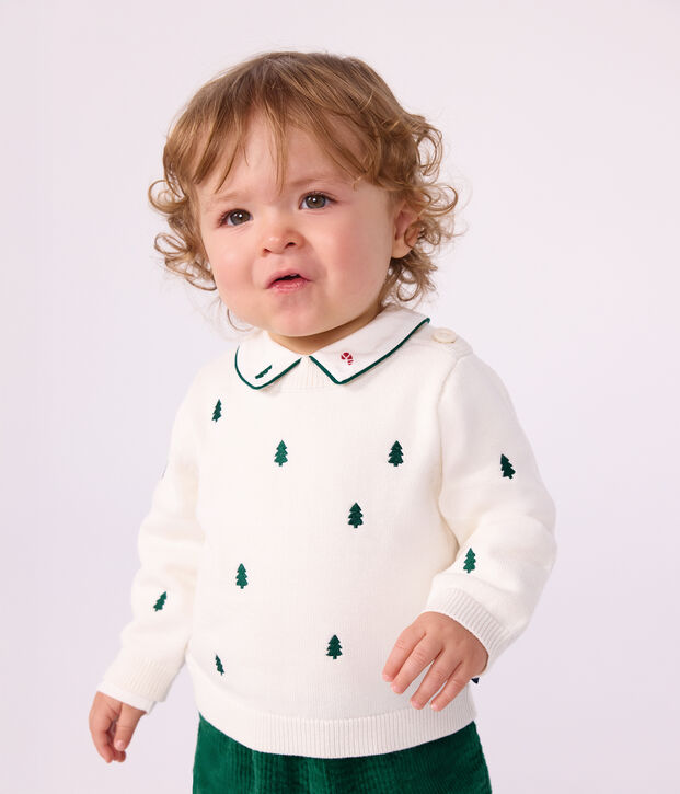 Jersey de lana y algod&oacute;n con abetos bordados para beb&eacute; crudo/verde