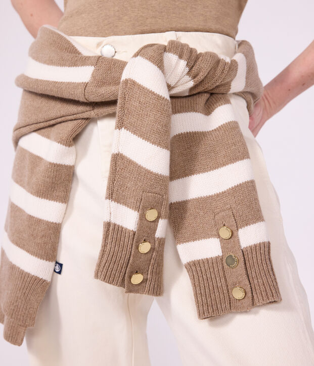 Jersey de cuello alto de lana y algod&oacute;n a rayas para mujer beige/crudo