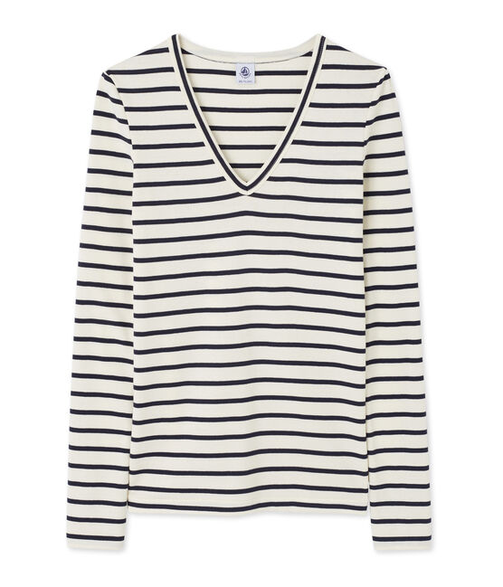 Camiseta de manga larga a rayas para mujer con cuello V beige COQUILLE/azul SMOKING