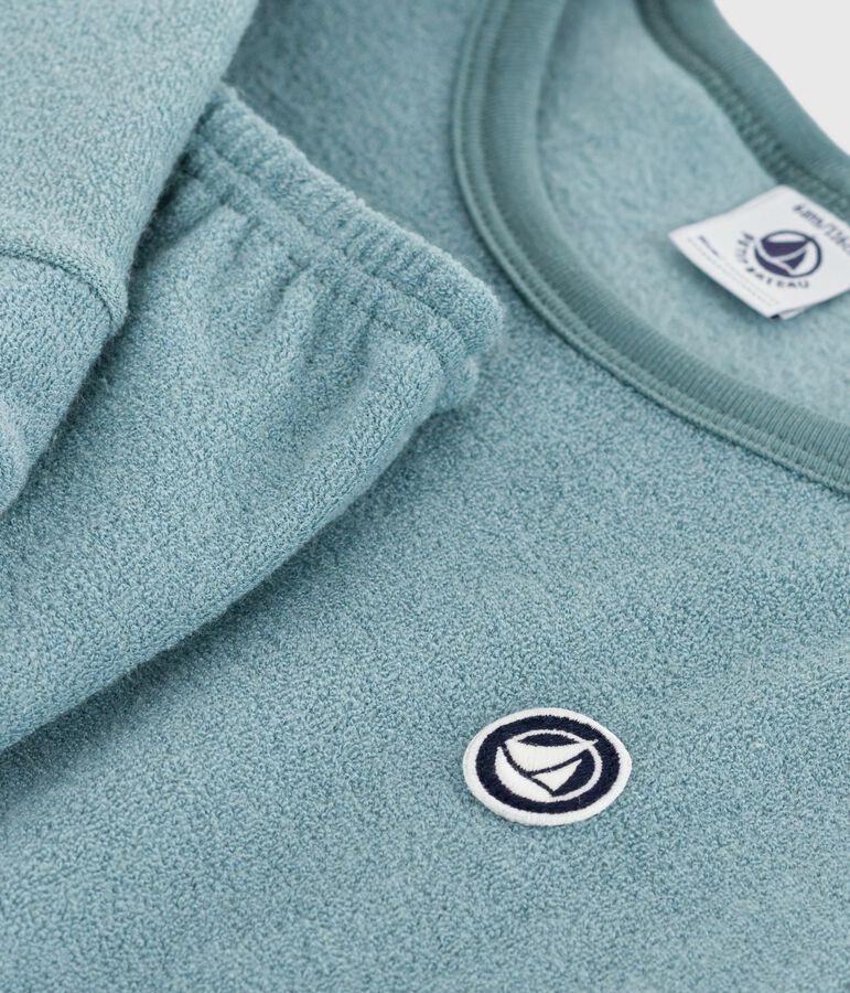 Pijama infantil liso de rizo de algod&oacute;n azul