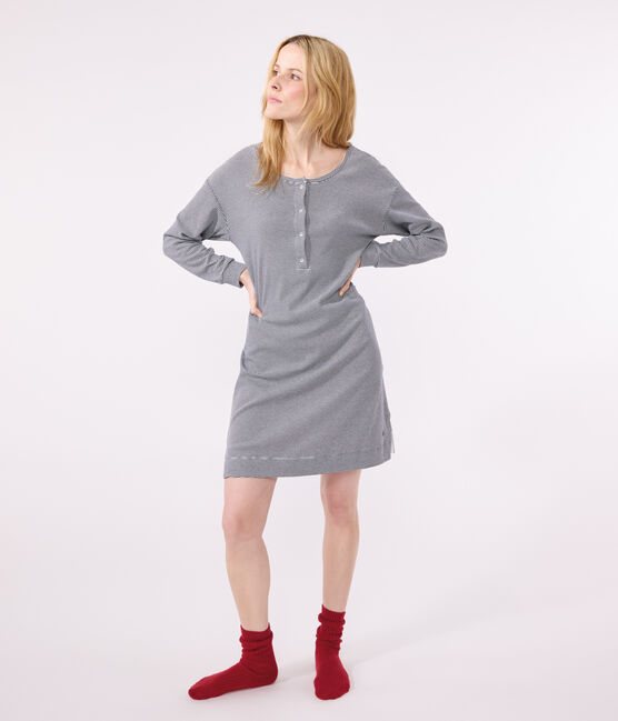 Camisón de algodón a rayas para mujer azul SMOKING/blanco MARSHMALLOW