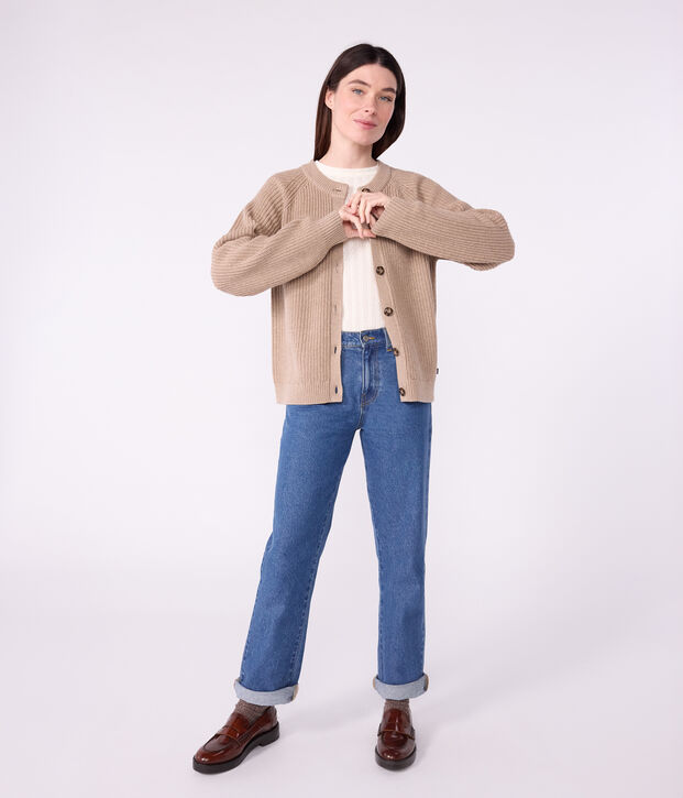 C&aacute;rdigan liso de lana y algod&oacute;n para mujer marron